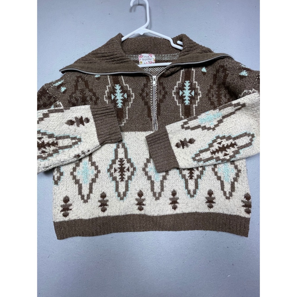 Pink Republic Quarter Zip Sweater Polyester Spandex Brown Geometric XL Womens